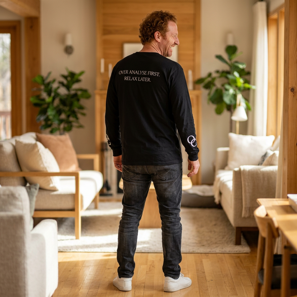 The Professional Thinker Long Sleeve Tee – Minimalist Overthinking Street wear | “Over analyse First… Relax Later” Graphic Shirt