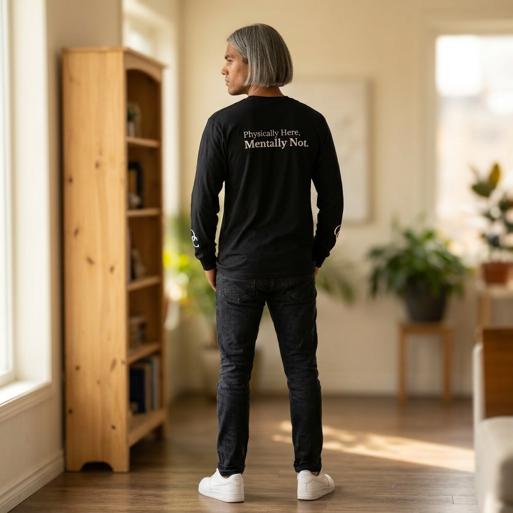 Physically Here, Mentally Not Long Sleeve Tee – Minimalist Overthinking Street wear