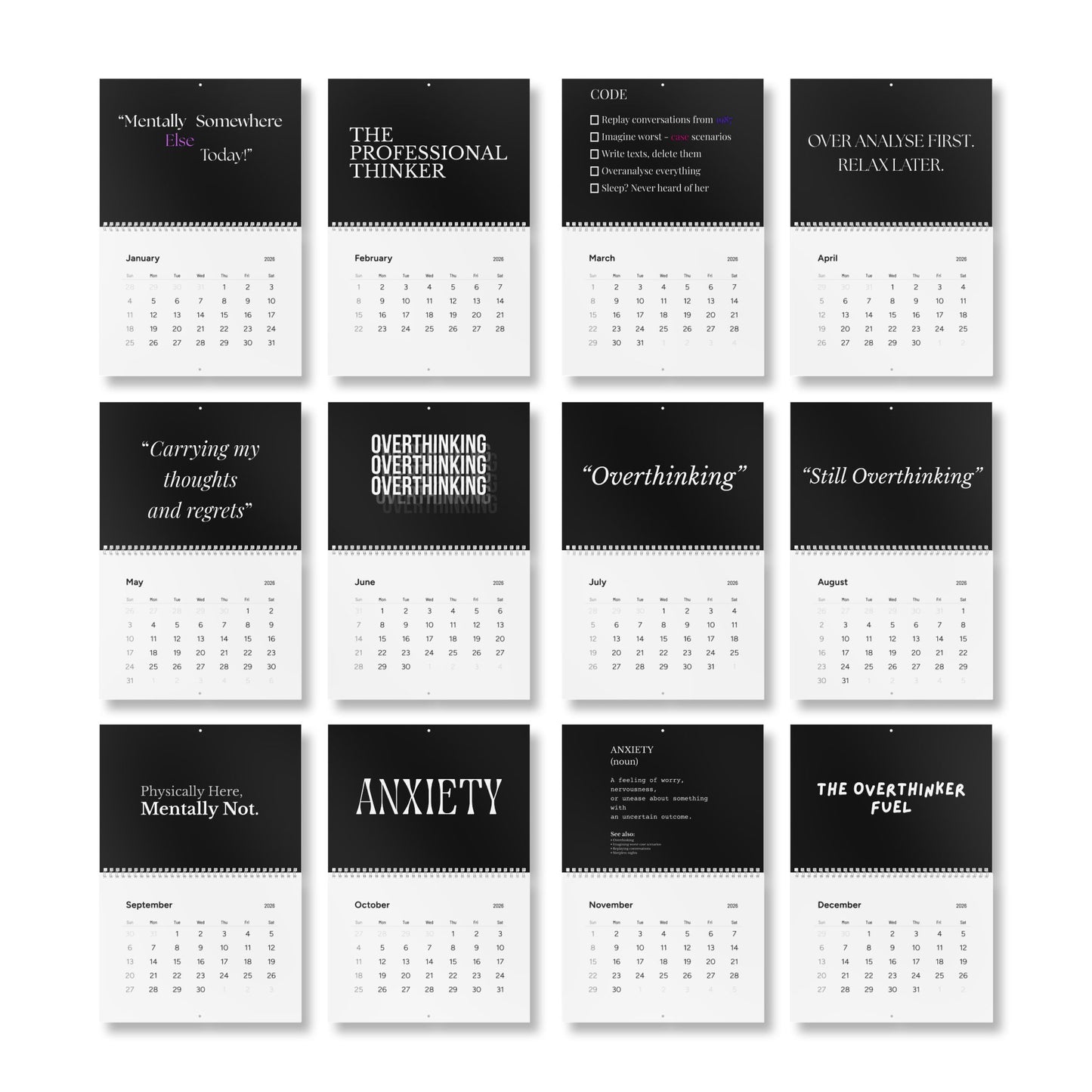 The Overthinker Co 2026 Wall Calendar – Minimalist Mental Chaos Edition | Overthinking & Anxiety Aesthetic Calendar