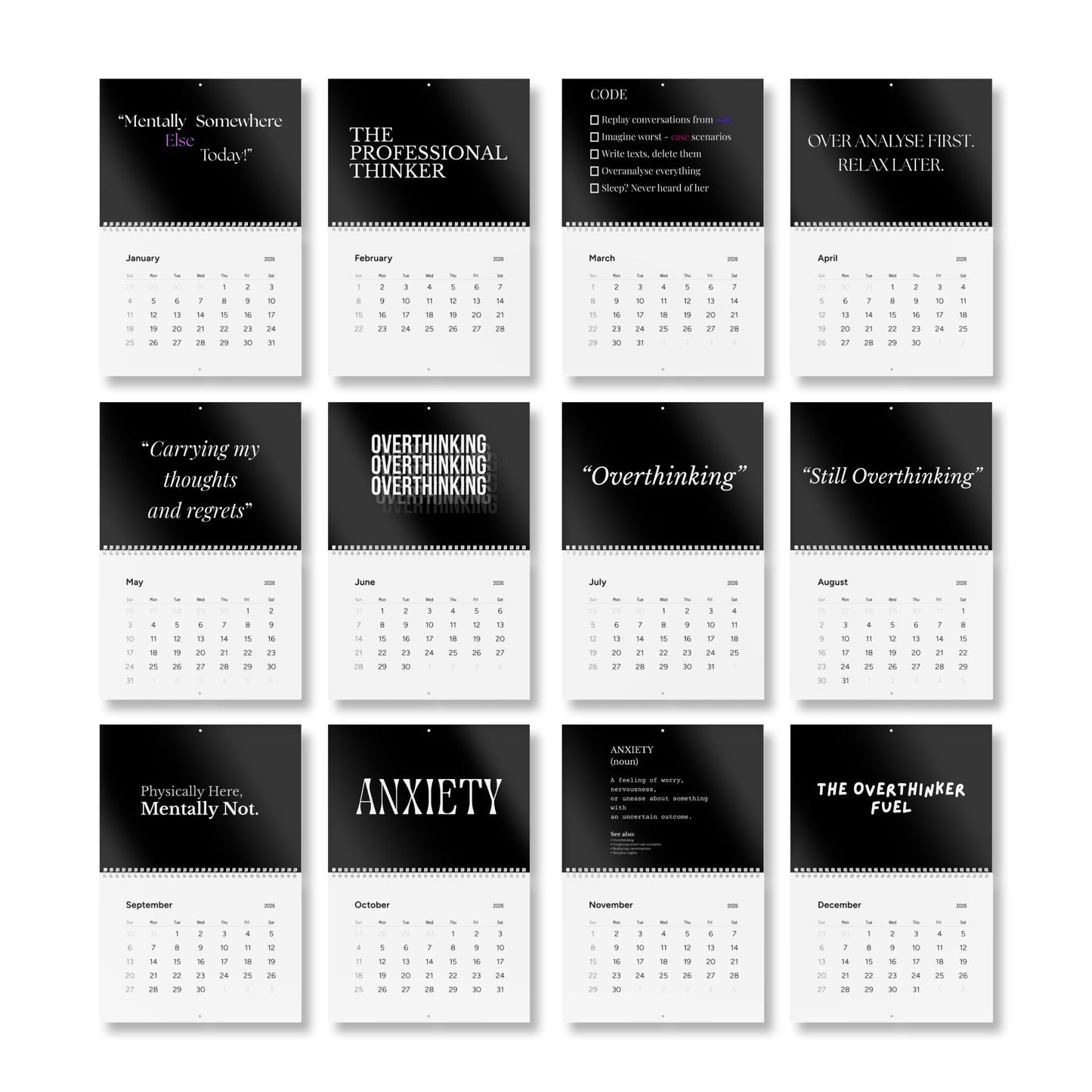 The Overthinker Co 2026 Wall Calendar – Minimalist Mental Chaos Edition | Overthinking & Anxiety Aesthetic Calendar